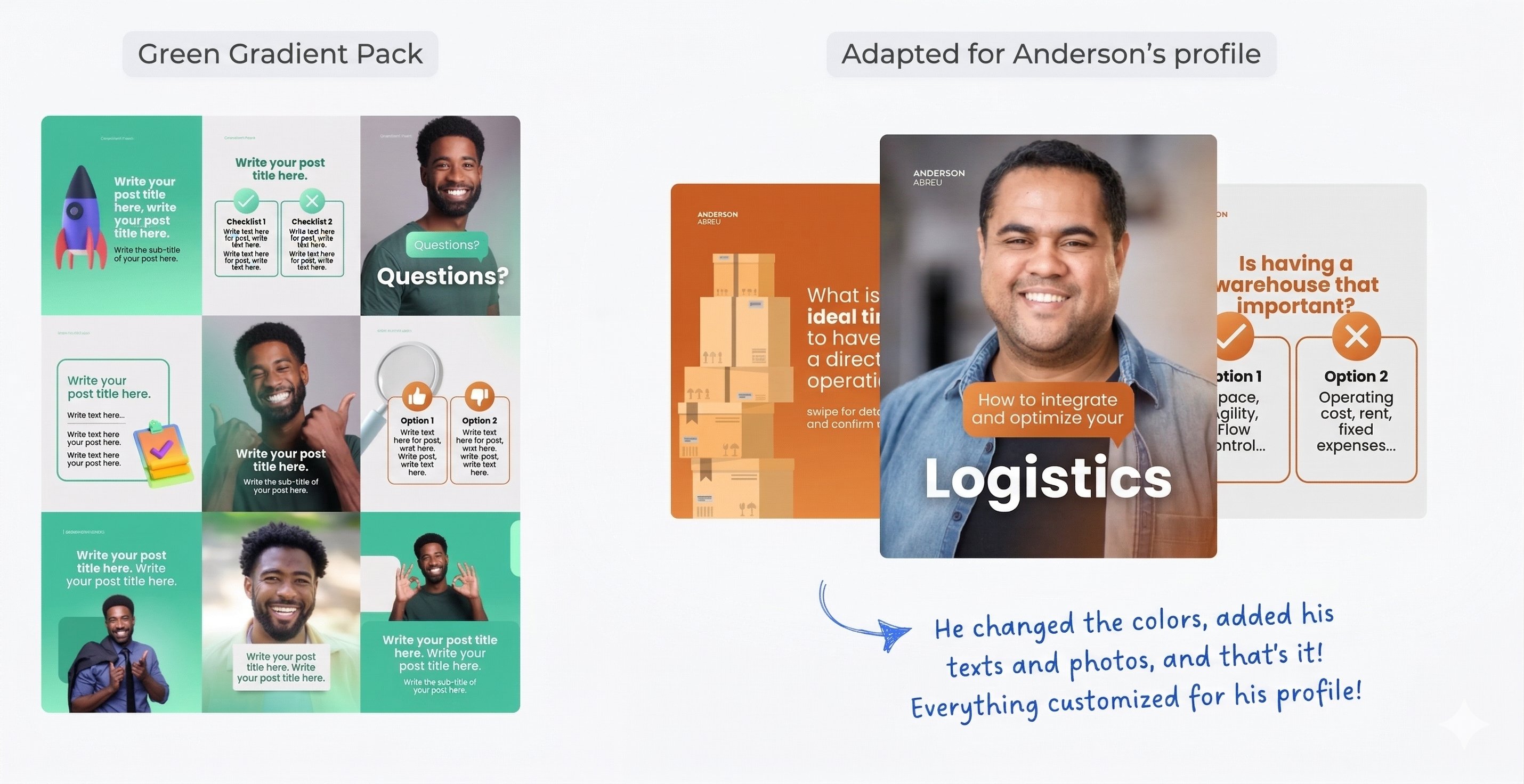 Before and after: Green Gradient Pack adapted for Anderson's logistics brand in orange