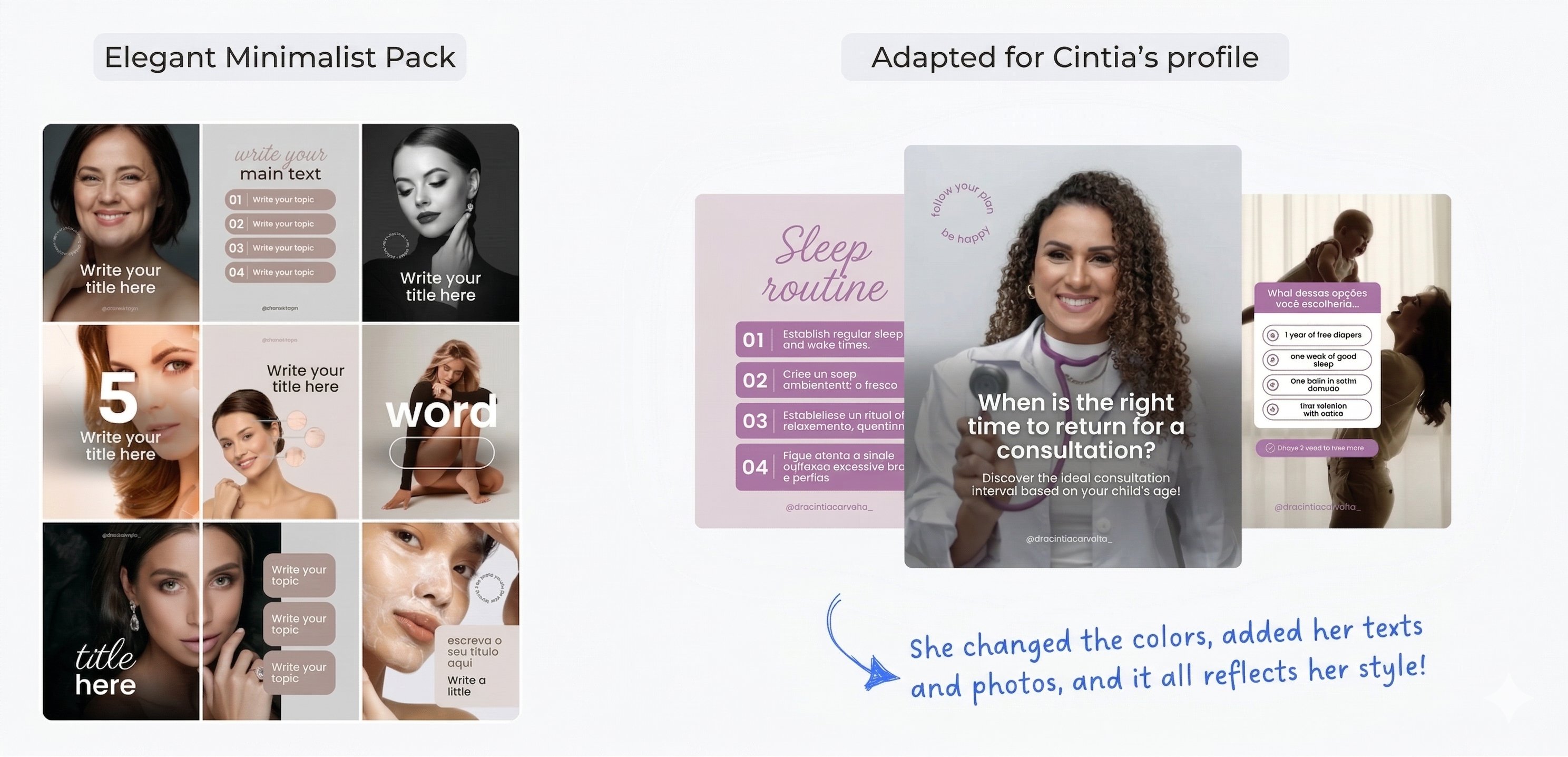 Before and after: Elegant Minimalist Pack adapted for Cintia's pediatric practice